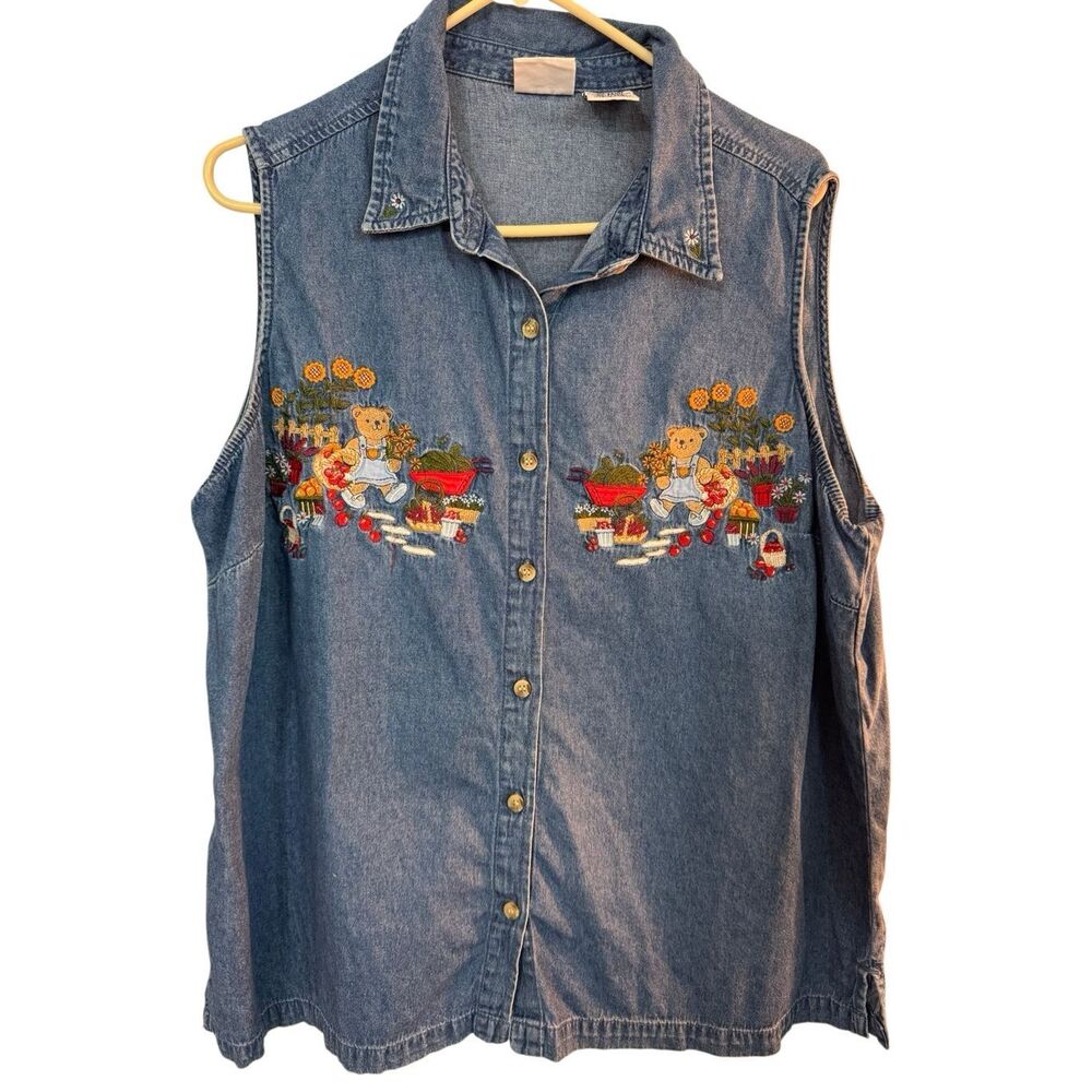 Vintage 90s Embroidered Teddy Bear Garden Sleeveless Denim Button Down 18/20